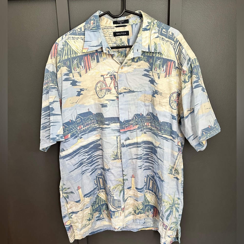 Nautica Men’s Hawaiian Shirt With A Coastal Beach Scene - Size XL, 100% Cotton